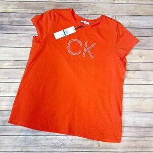 Calvin Klein Women's Metallic Silver Chain Logo T-Shirt Top Orange Size XL